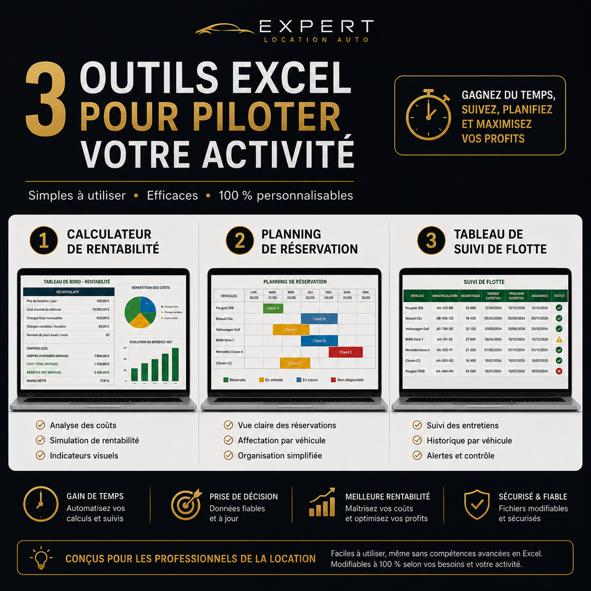 Trois outils Excel : calculateur, planning et suivi de flotte